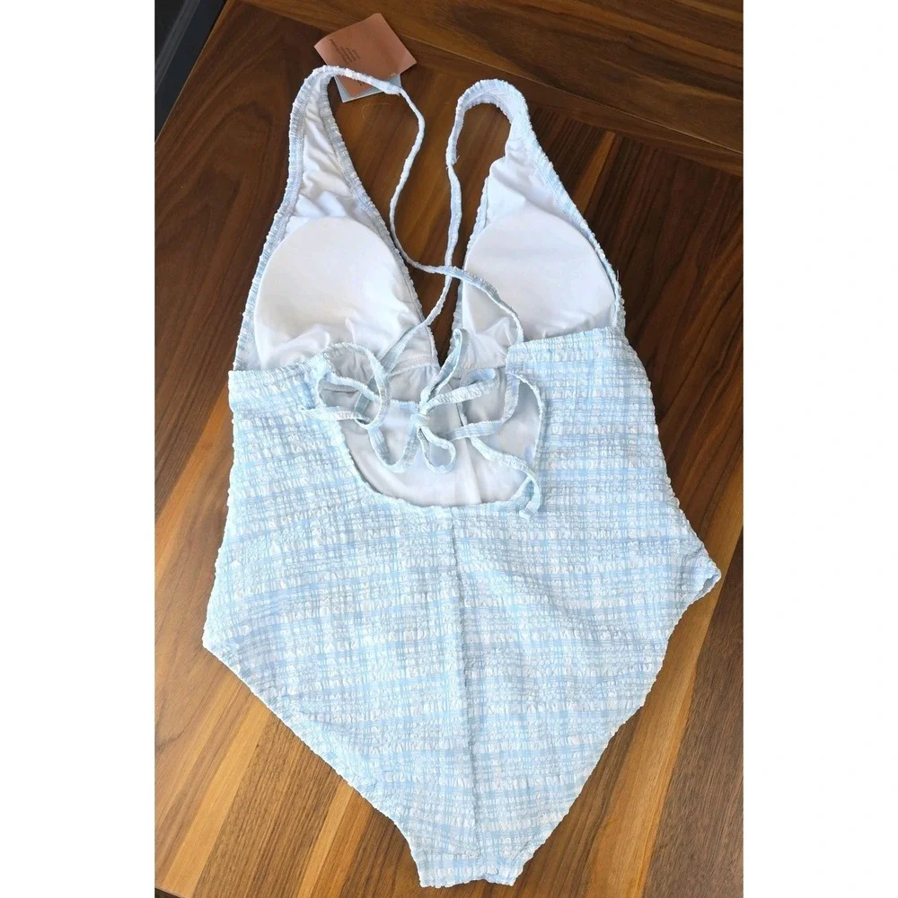 Gingham Pucker Plunge Full Coverage  Swimsuit Blue/White Size XL (361)